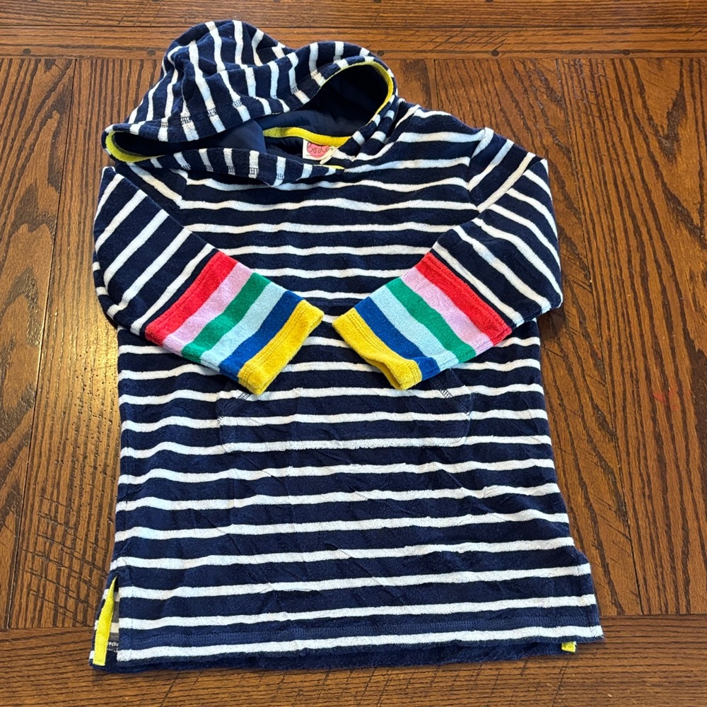 Boden Navy & White Stripe Hooded Tunic with Rainbow Stripes terry swim cover up